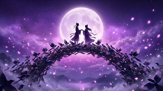 Traditional Asian lovers silhouette meeting on bridge formed by magpies under bright full moon during starry night