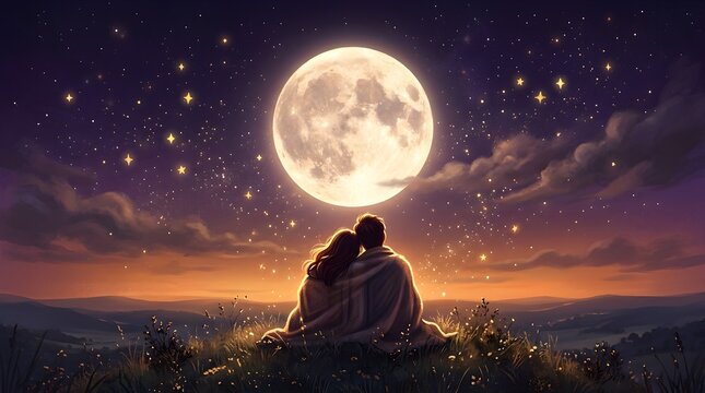Romantic couple sitting together under glowing full moon and starry night sky wrapped in cozy warm blanket