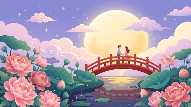 Romantic couple standing together on wooden bridge under glowing full moon surrounded by blooming pink lotus flowers