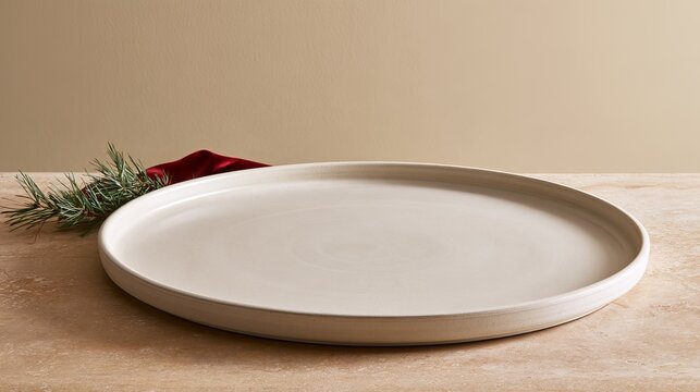 Empty ivory ceramic platter on a cream stone countertop with pine tips and red velvet ribbon, soft morning light, Christmas product background with upper right copy space