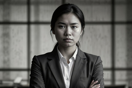 Black-and-white portrait of a serious Asian woman. She stands with arms crossed, wearing a suit. Her expression is focused and determined. Background features grid-patterned window panes