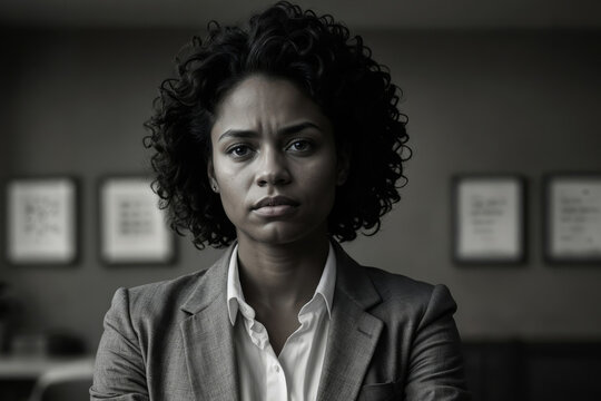 Black woman in blazer. Serious gaze. Framed art behind. Professional setting. Tension implied. Business or legal context