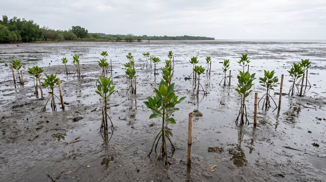 Young mangrove saplings grow on muddy coastal tidal flat, symbolizing reforestation, coastal protection, and environmental conservation effort