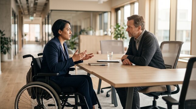 Employee Using Wheelchair Reporting Disability Discrimination and Workplace Exclusion to Supportive Manager