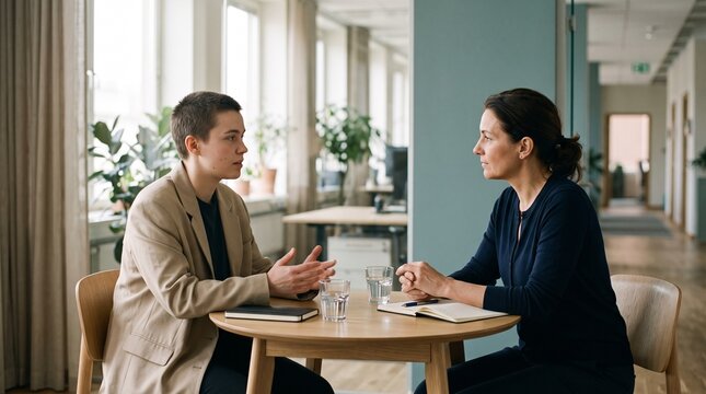 Gender Nonconforming Employee Reporting Discriminatory Workplace Bullying to Supportive Inclusive Human Resources Manager