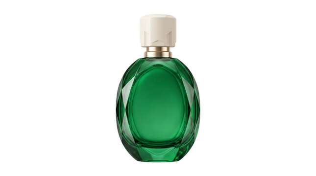 Luxury emerald green perfume bottle, faceted glass fragrance container with white cap, elegant cosmetic packaging for premium scents isolated PNG with Transparent Background