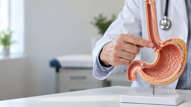 Doctor pointing to anatomical model of human stomach and gullet
