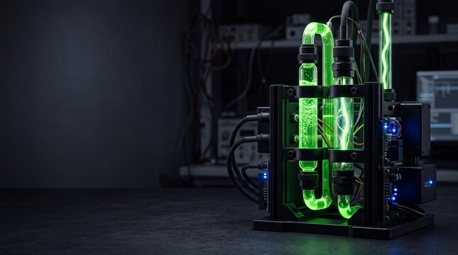 Advanced liquid cooling system with glowing green neon tubes for high performance computer hardware.