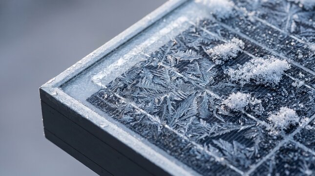 Frozen solar panel covered in intricate ice crystals on a cold winter day