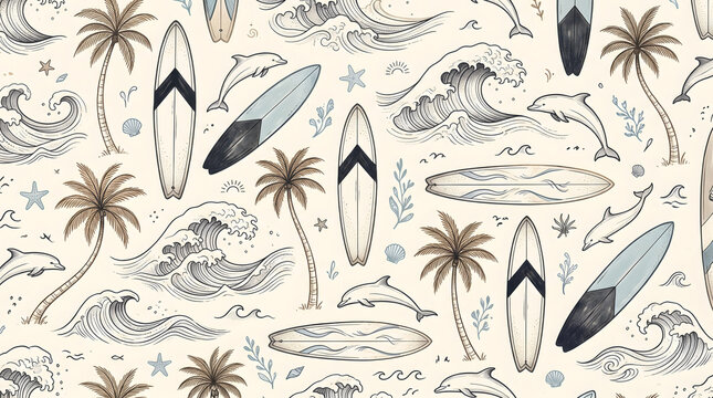 Seamless pattern with hand drawn surfboards palm trees and dolphins on a light background.