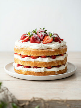 Three layer strawberry cream cake on a white plate on a light wood table