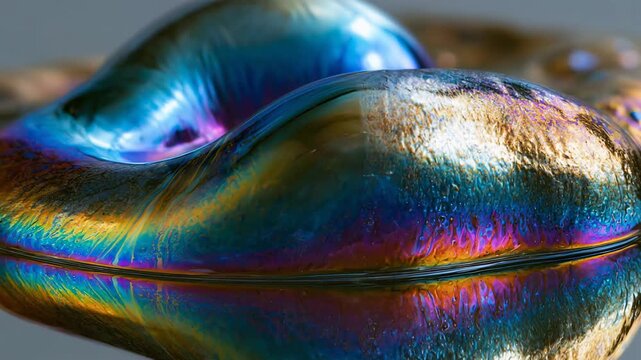 Macro close-up of iridescent oil slick with colorful holographic swirls on dark wet surface