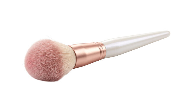 Professional makeup brush with pink bristles and rose gold ferrule, soft powder brush for beauty application, elegant cosmetic tool isolated PNG with Transparent Background