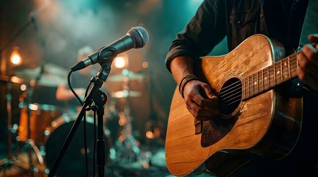 Musician performing live on stage playing an acoustic guitar with a microphone and drum kit in the background