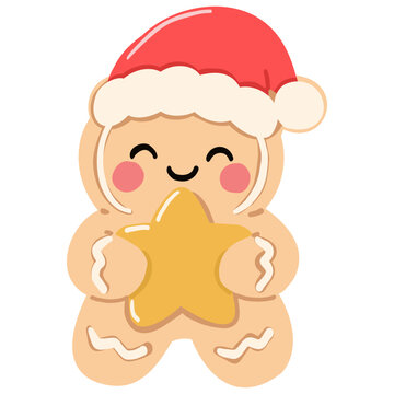 Cute Gingerbread Man Illustration with Santa Hat