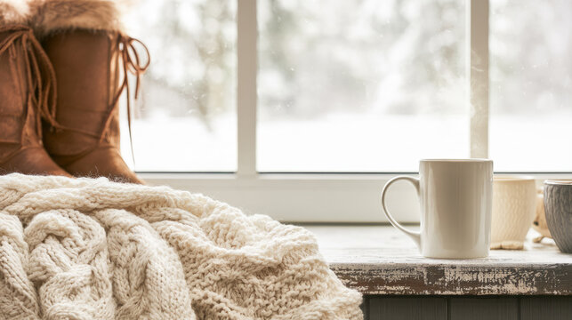 Winter break family activities with hot cocoa, blanket and snow boots on window ledge