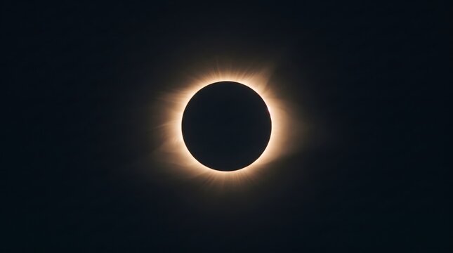 Total solar eclipse with the moon completely obscuring the sun, revealing the glowing solar corona against the dark sky during a rare astronomical event