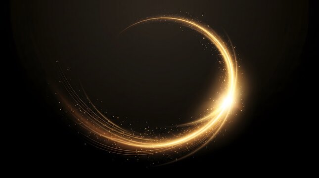 Abstract golden light trail with glowing particles and swirling motion on a black background, representing energy, magic, or dynamic movement in a luxury design concept