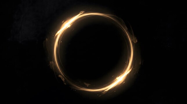 Abstract glowing golden light ring on black background, circular frame with lens flare effect, magical portal or energy circle element for design