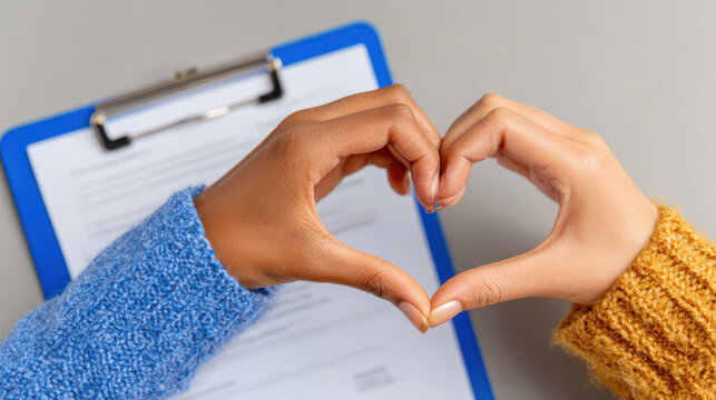 Interracial hands forming heart over clipboard with document for teamwork diversity inclusion volunteer registration form and community support header image