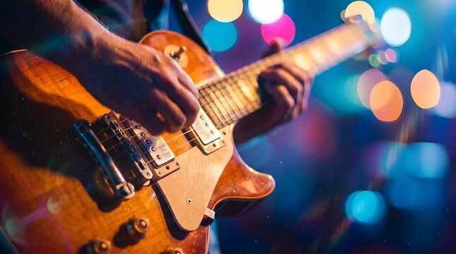 Professional guitarist playing an electric guitar during a live music concert with vibrant stage lighting