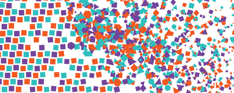 Abstract colorful squares and circles dispersing from left to right with clean white background and copy space