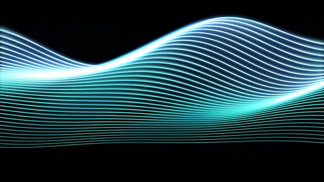 Luminous Cyan Wireframe Particle Wave Flowing on Black