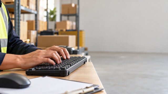 Warehouse worker typing on computer keyboard for inventory management