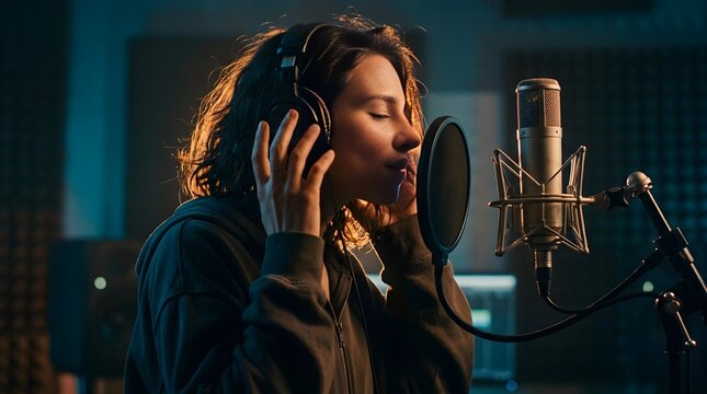 A talented female vocalist singing with passion and emotion in a professional sound recording studio environment while wearing studio headphones