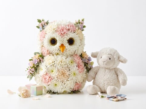 B&uacute;ho hecho con flores frescas y peluche de cordero sobre fondo blanco