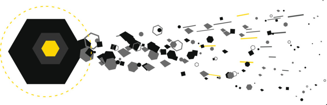 Hexagonal object emitting scattered geometric particles against a white background with yellow accent in minimalist style