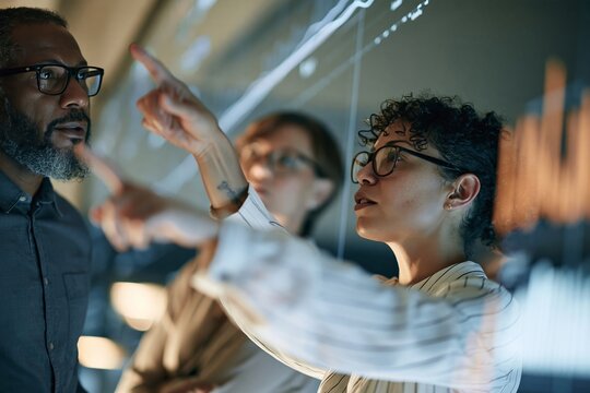 Diverse business team collaborating and analyzing data on an interactive transparent screen in a mod