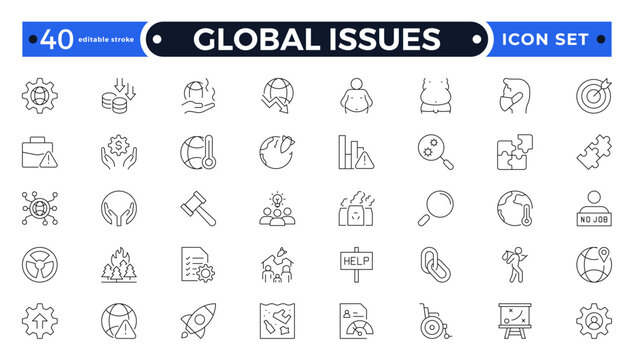 Global Issues Outline Icon Set Representing Human Rights, Equality, Justice, Freedom, Diversity, and Social Advocacy. Editable stroke outline icon.
