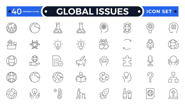 Global Issues Outline Icon Set Representing Human Rights, Equality, Justice, Freedom, Diversity, and Social Advocacy. Editable stroke outline icon.
