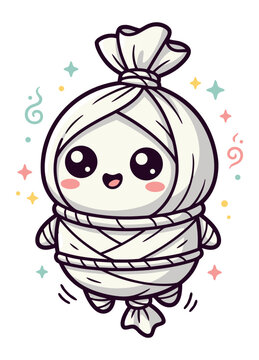 Cute chibi pocong ghost character wrapped in white shroud cloth vector illustration.