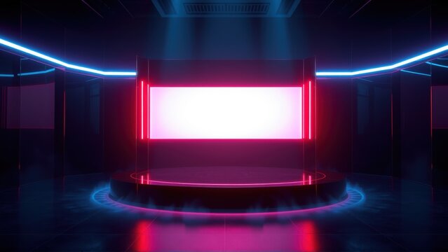 Futuristic studio setup. Bright neon lights illuminate dark room. Central stage with blank screen dominates composition. Modern design.