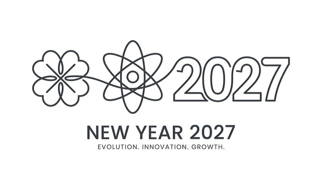 New year 2027 logo design with clover and atom symbols, representing evolution, innovation, and growth, vector illustration