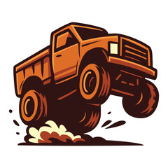 Off-Road Monster Dump Truck Jumping, Bold Orange Vehicle Mascot Illustration © Pro