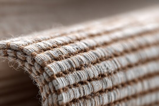 Macro shot of a textured beige fabric with a repeating pattern, showcasing its intricate weave and soft color palette.