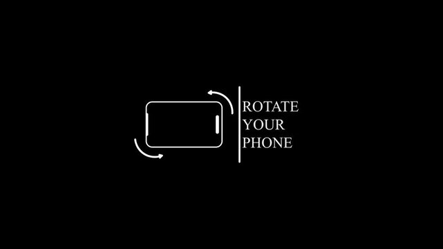 White smartphone rotation icon with ROTATE YOUR PHONE text animation on black background, mobile screen orientation concept element, landscape mode turn prompt loop motion graphics.