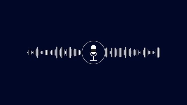 White microphone icon with active audio sound wave equalizer animation on dark blue background, podcast and recording studio concept element, voice message visualizer loop motion graphics.