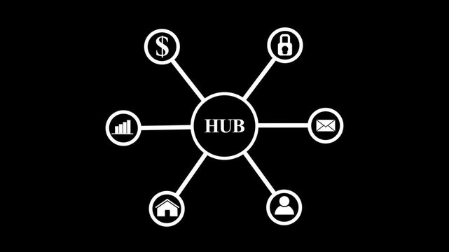 White HUB network node diagram icon animation with connected icons on black background, business connectivity and central hub concept element, data management loop motion graphics.