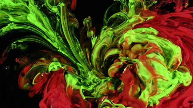 Swirling green and red ink in water on black background