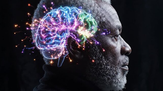 Senior man profile with glowing digital brain visualization