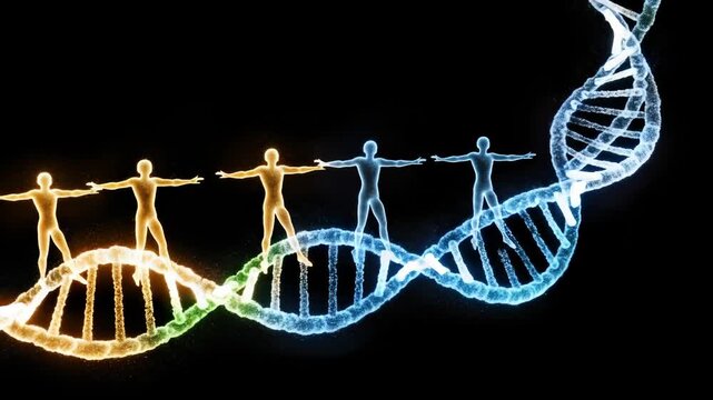Animated dna sequence with human figures, representing genetic research and collaboration concept,