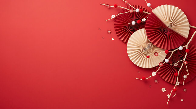 Title Elegant Chinese new year background with red paper fans and blossom branches on red backdrop   