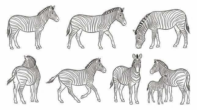 Zebras Line Art Illustration Set Isolated on White Background for Coloring Book