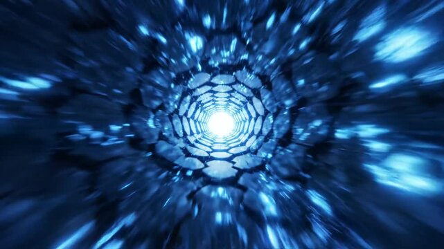 Fast flight through glowing blue crystal tunnel