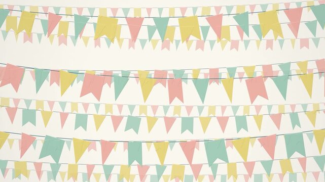 Pastel paper bunting garlands swinging in a gentle breeze, seamless festive celebration background loop