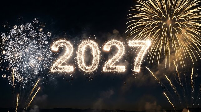 2027 new year text with bright golden and white fireworks in night sky